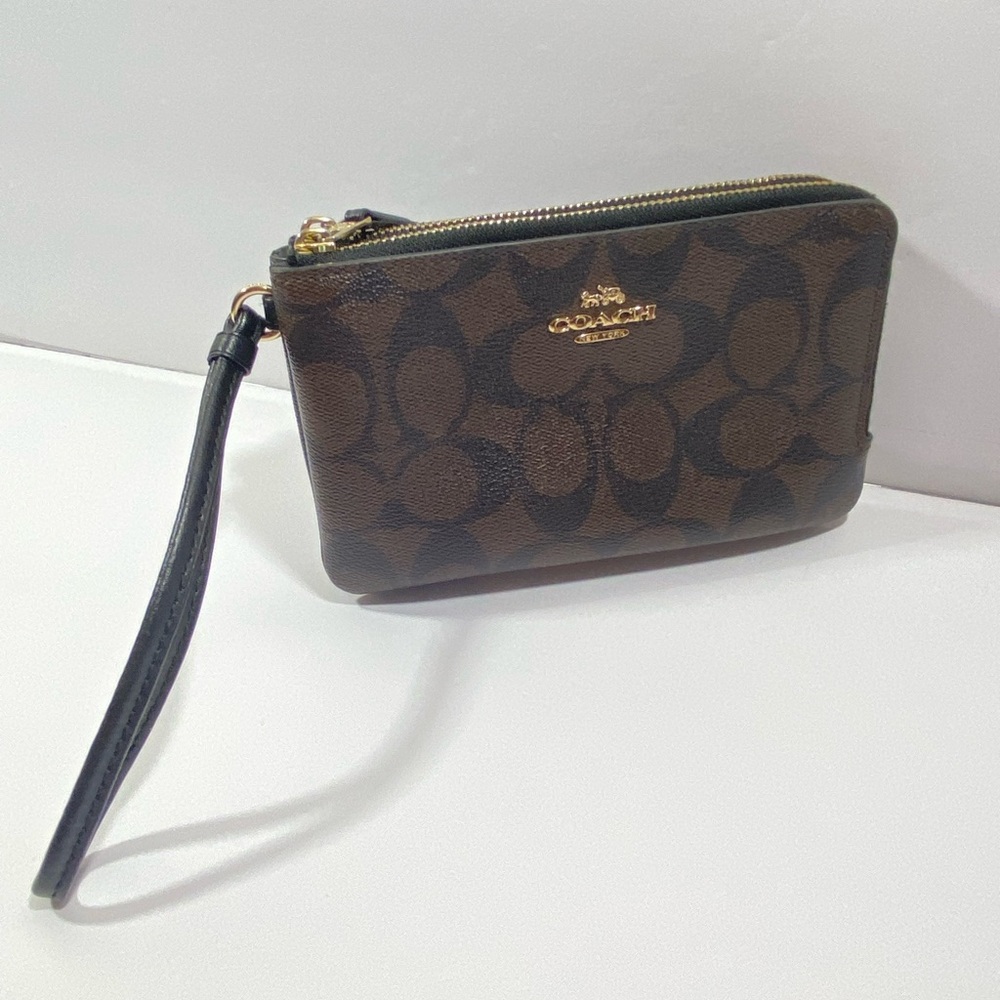 Coach Double Corner Zip Wristlet Signature Brown Black Coated Canvas